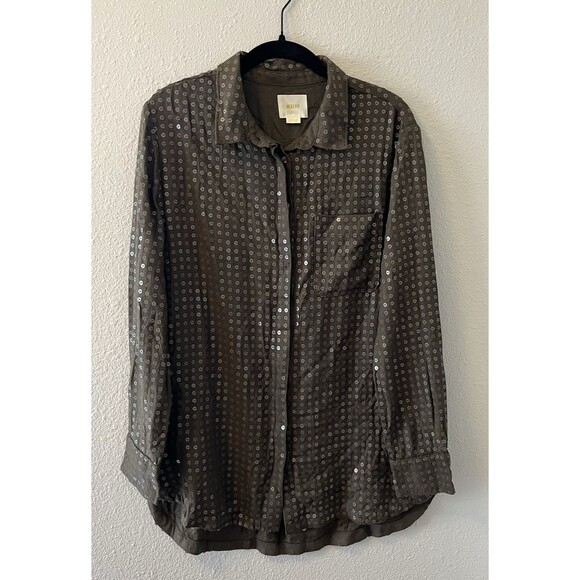 Maeve Anthropologie Blouse Size Med Sequined Olive Green Buttoned Shirt Chic - Picture 1 of 14